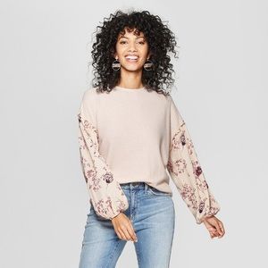 Floral Print Long Sleeve Contrast Sleeve Top